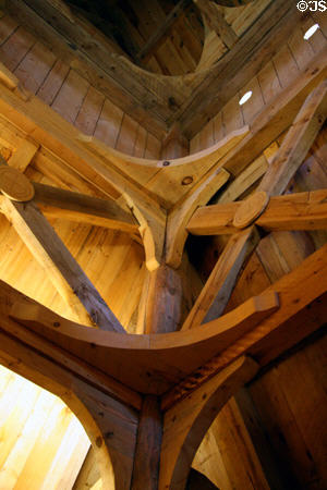 Structural support beams in Hopperstad Stave Church replica at Heritage Hjemkomst Interpretive Center. Moorhead, MN.