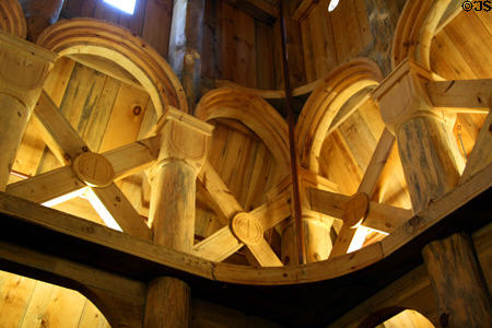 Support arches in Hopperstad Stave Church replica at Heritage Hjemkomst Interpretive Center. Moorhead, MN.