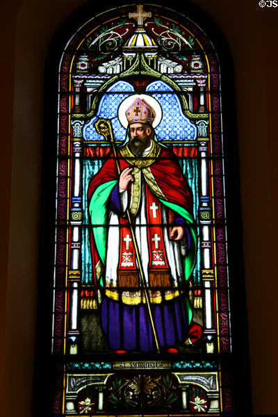 Stained-glass window of St Ambrose in Great Hall at St John's University. Collegeville, MN.