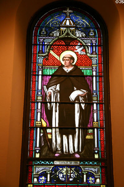 Stained-glass window of St Thomas Aquinas in Great Hall at St John's University. Collegeville, MN.