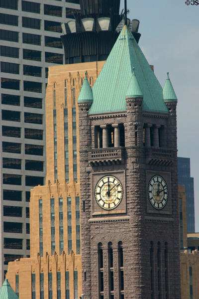 Minneapolis City Hall clock tower (1916) (365 ft) & Qwest tower. Minneapolis, MN.