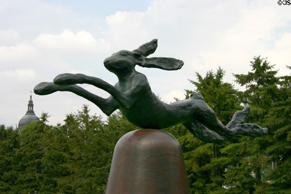Hare on Bell 1983 by Barry Flanagan at Minneapolis Sculpture Garden. Minneapolis, MN.