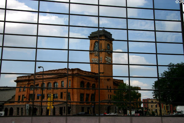 Milwaukee Road Depot reflected in modern building. Minneapolis, MN.