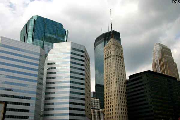 Foshay tower among modern highrises. Minneapolis, MN.