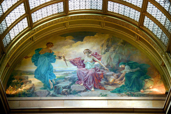 Heri Cras Hodie mural reflects past, present & hope for future as expressed in poem by Ralph Waldo Emerson over staircase in Minnesota State Capitol. St. Paul, MN.