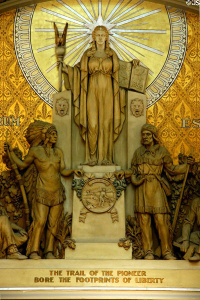 Detail of Spirit of Government sculpture in House chamber of Minnesota State Capitol with inscriptions 