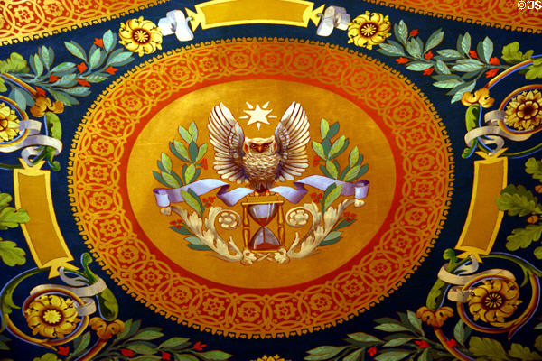 Owl over hourglass design in House chamber of Minnesota State Capitol. St. Paul, MN.