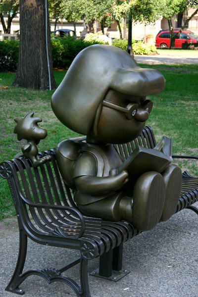 Peanuts characters on bench by native son Charles Schultz in downtown park. St. Paul, MN.