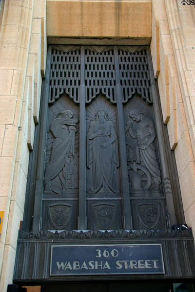 Art Deco energy reliefs on 360 Wabasha Street. St. Paul, MN.