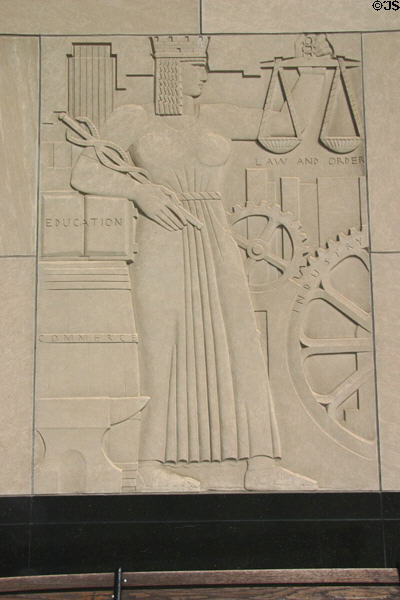 Art Deco relief of law & order, education, commerce & industry by Lee Lawrie on St. Paul City Hall. St. Paul, MN.
