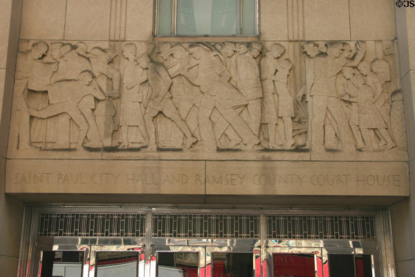 Art Deco carved relief of workers & people by Lee Lawrie on St. Paul City Hall. St. Paul, MN.