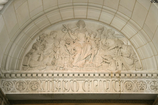 Carved classical medical scene over door of Mayo Clinic Plummer Building. Rochester, MN.