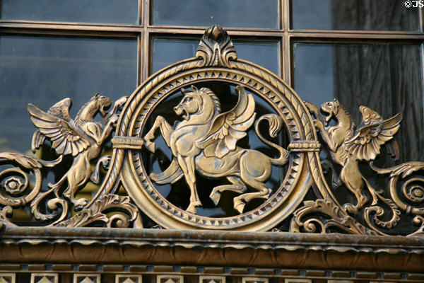 Bronze flying horse & gryphons on Plummer Building of Mayo Clinic. Rochester, MN.