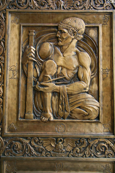 Classical science figure on bronze doors of Mayo Clinic Plummer Building. Rochester, MN.