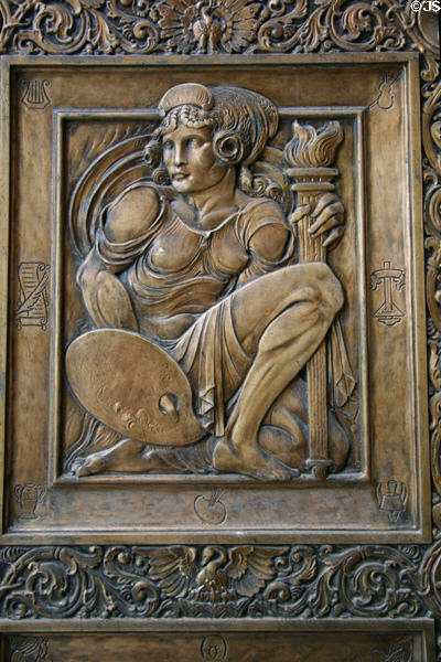 Classical artistic figure on bronze doors of Mayo Clinic Plummer Building. Rochester, MN.
