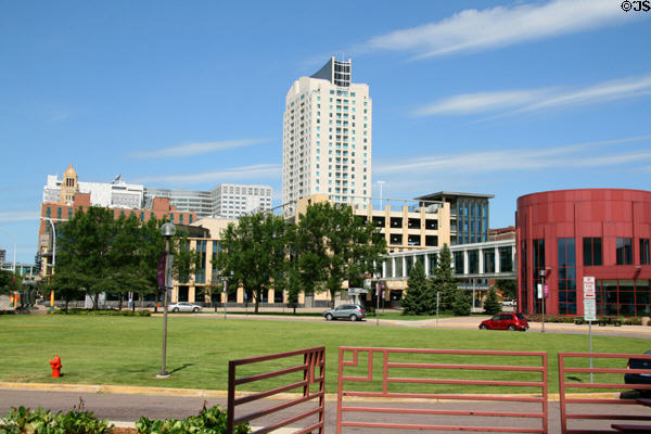 Skyline of Rochester with Broadway Plaza (2004) (29 floors) over Mayo Civic Center. Rochester, MN.
