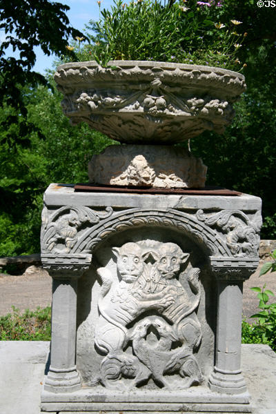 Planter on medieval stone carving at Mayowood Mansion. Rochester, MN.
