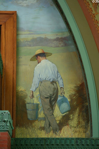 Mural farmer carrying bucket (1908) by Oskar Gross in National Farmer's Bank. Owatonna, MN.
