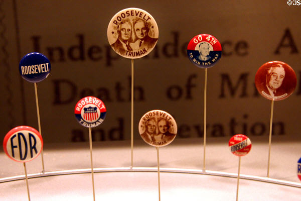Roosevelt & Truman campaign buttons for 1944 Presidential election at Truman Museum. Independence, MO.