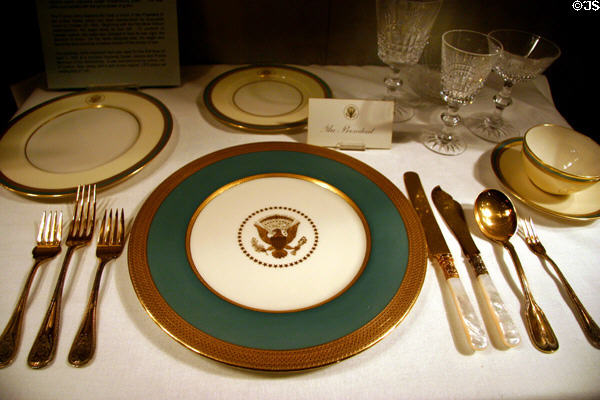 Table setting acquired (1951) to match the renovated White House dining room at Truman Museum. Independence, MO.