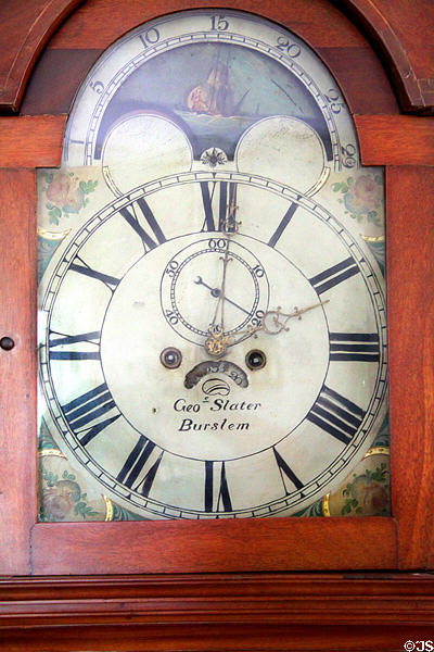 Face of tall clock by Geo Slater, Burslem at General Daniel Bissell House. St. Louis, MO.