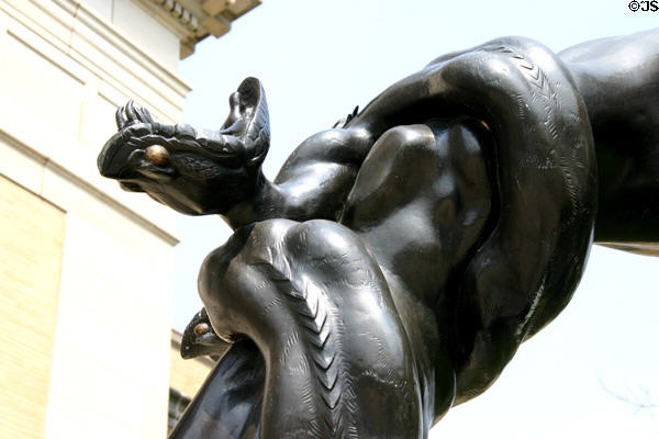 Detail of Hydra head in Hercules' fist (1921-30) by Mathias Gasteiger outside St. Louis Art Museum. St Louis, MO.