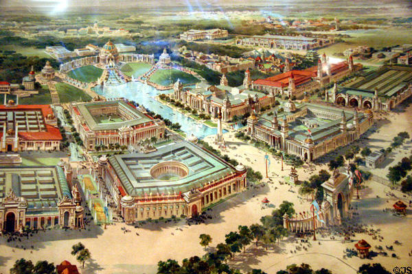 Air view poster detail of St Louis World's Fair (1904) over central lake at Missouri History Museum. St Louis, MO.