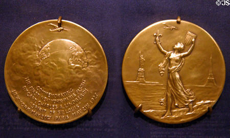 Gold medals commemorating Lindbergh's 1927 New York to Paris flight issued by St. Louis Chamber of Commerce at Missouri History Museum. St Louis, MO.