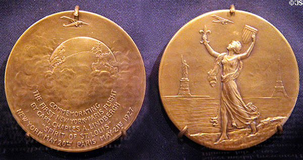 Gold medals commemorating Lindbergh's 1927 New York to Paris flight issued by St Louis Chamber of Commerce at Missouri History Museum. St. Louis, MO.