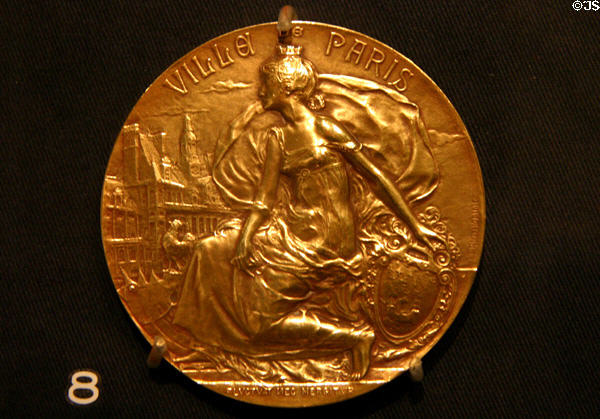 Gold medal commemorating Lindbergh's 1927 New York to Paris flight issued by City of Paris at Missouri History Museum. St Louis, MO.