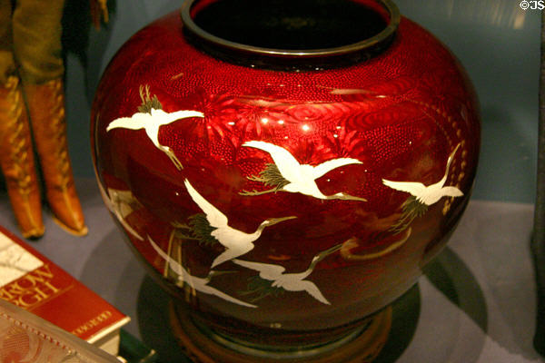 Cloisonné crane vase to mark Lindbergh's 1927 New York to Paris flight given by American-Japan Society in 1931 at Missouri History Museum. St. Louis, MO.