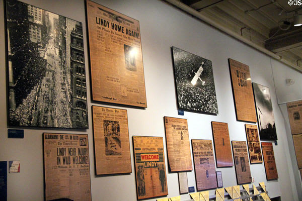 Display of newspaper coverage of Lindbergh's 1927 New York to Paris flight at Missouri History Museum. St. Louis, MO.