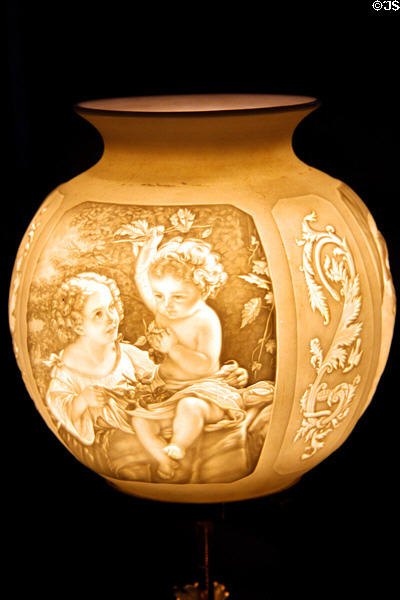 Lithophane lamp with design created by thickness of glass alone at Campbell House Museum. St. Louis, MO.