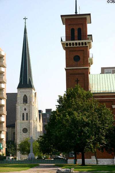 Centenary Methodist Episcopal Church (1869) by Thomas Dixon & St. John's Catholic Church (1860) (on Plaza Sq.). St Louis, MO.
