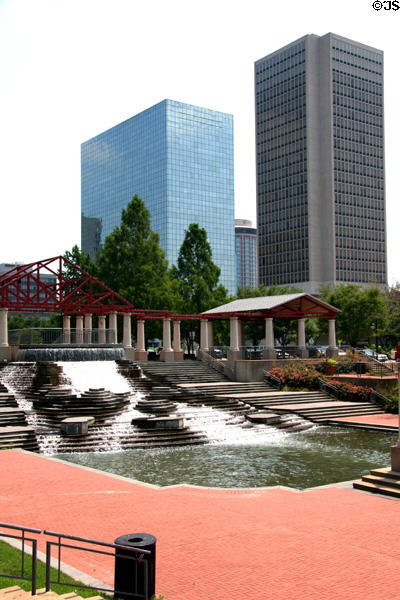 Gateway Plaza park cascades with highrise buildings. St Louis, MO.