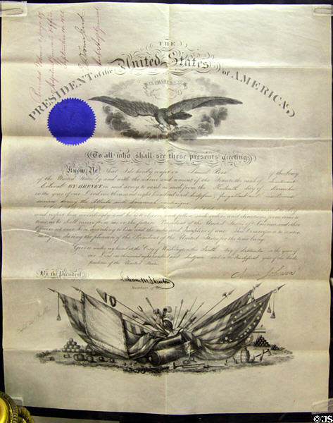 Commission papers for Brevet Brigadier General signed by President Andrew Johnson at Jefferson Barracks. St. Louis, MO.