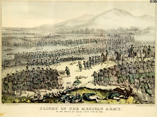 Flight of the Mexican Army at Battle of Buena Vista (Feb. 23, 1847) graphic by N. Currier at Jefferson Barracks Military Museum. St. Louis, MO.