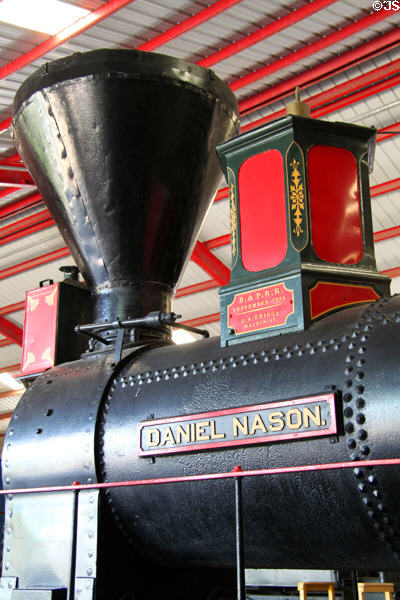 Boston & Providence "Daniel Nason" steam locomotive (1858) (4-4-0) detail at St. Louis Museum of Transportation. St. Louis, MO.