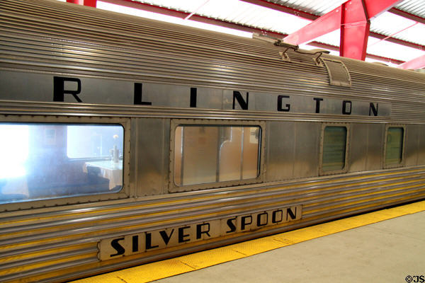 Chicago, Burlington & Quincy #192 "Silver Spoon" streamlined dining car (1938) by Budd at St. Louis Museum of Transportation. St. Louis, MO.