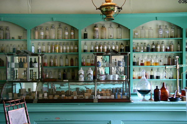 Medicine bottles in Grant's Drug Store at Mark Twain Boyhood Home & Museum. Hannibal, MO.