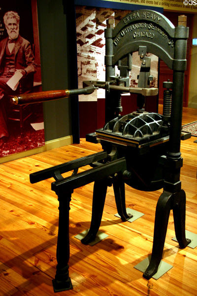 Printing press by Ostrander Seymour of Chicago such as used by Clemens in early printing career at Mark Twain Museum. Hannibal, MO.