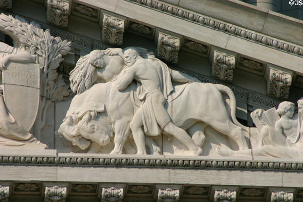 Oxen & man carrying corn pediment detail on Missouri State Capitol. Jefferson City, MO.
