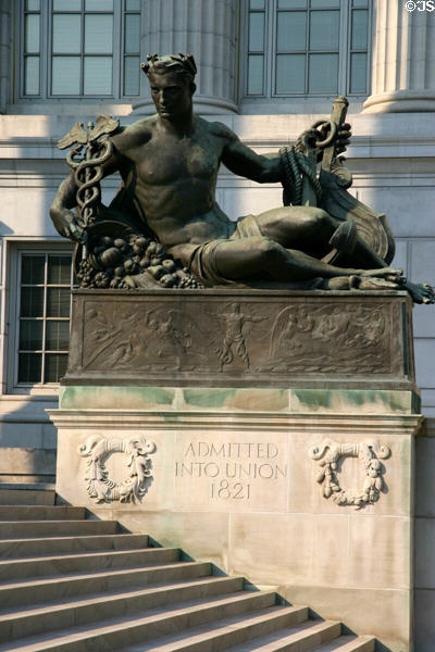 Great Rivers: Mississippi River sculpture by Robert Aitken shows man with symbols of medicine, agriculture & commerce at Missouri State Capitol. Jefferson City, MO.
