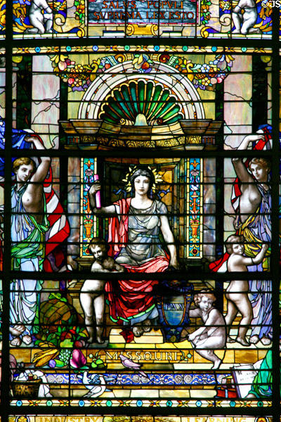 Central panel in Missouri history stained glass window at Missouri State Capitol. Jefferson City, MO.