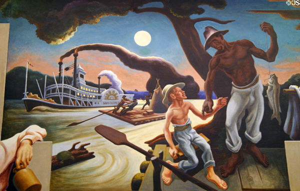 Detail of steamboat Sam Clemens with Huck Finn & Jim on raft on Social History of Missouri mural (1935) by Thomas Hart Benton at Missouri State Capitol. Jefferson City, MO.