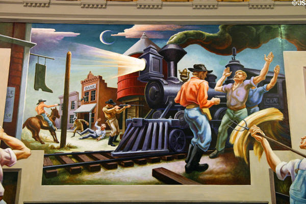 Detail of James Boys robbing a train on Social History of Missouri mural (1935) by Thomas Hart Benton at Missouri State Capitol. Jefferson City, MO.