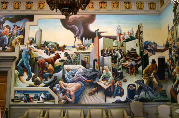 Detail of farming, homelife, courtroom, mining on Social History of Missouri mural (1935) by Thomas Hart Benton at Missouri State Capitol. Jefferson City, MO.