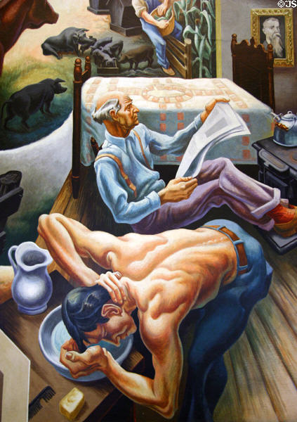 Detail of men washing & reading papers on Social History of Missouri mural (1935) by Thomas Hart Benton at Missouri State Capitol. Jefferson City, MO.