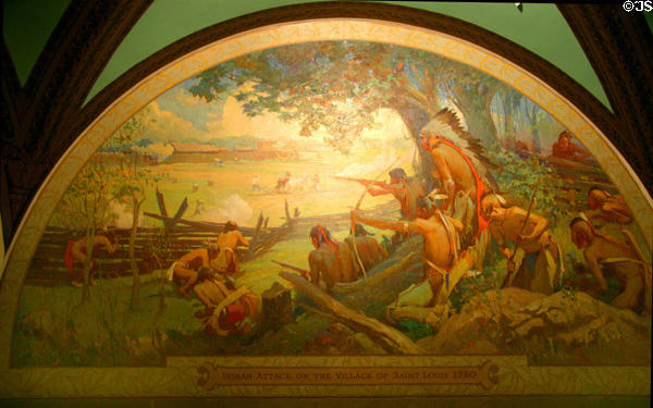 Indian Attack on the Village of St. Louis 1780 mural (c1920) by Oscar Edmund Berninghaus at Missouri State Capitol. Jefferson City, MO.