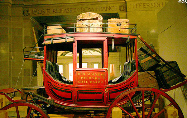 Concord-style Des Moines Palmyra mail coach in History Hall at Missouri State Capitol. Jefferson City, MO.